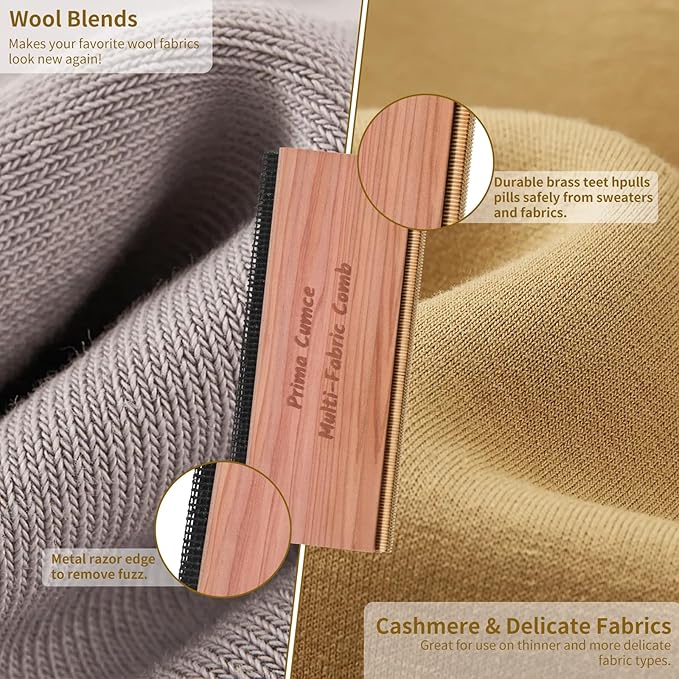 Cashmere Comb – 100 x 44 x 10mm Multi-Fabric Shaver for Clothing – Durable Cedar Wood Comb with Metal Pick – Easy to Use and Portable Fiber Cloth Pilling Remover Ideal for Sweaters, Fuzz
