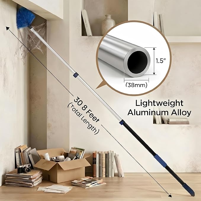 36ft High Ceiling Duster Kits with 5-30ft Heavy Duty Extension Pole - Fan Blade Cleaner, Cobweb Remover & Blue Window Squeegee Kit, Washable Dust Brush for High Roof and Glass Surfaces