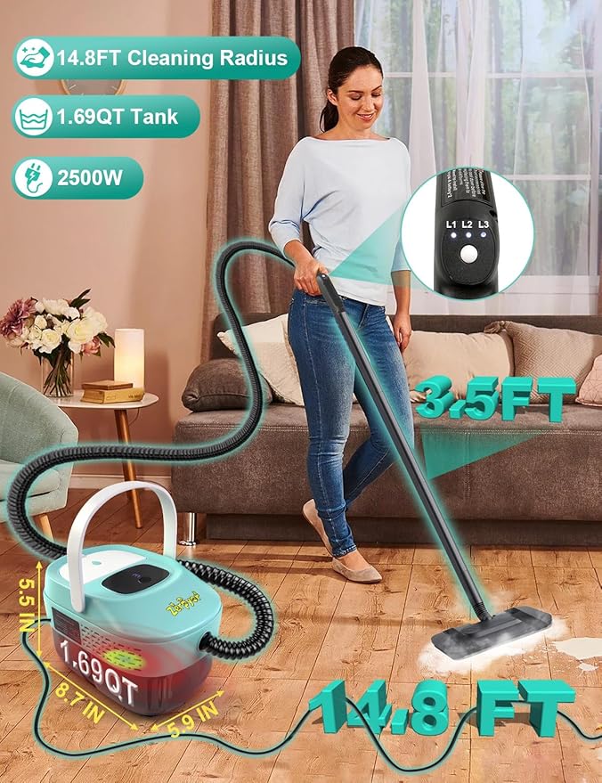 Steam Mop, 19 in 1 Detachable Steam Cleaner, 54OZ Tank, 10S Heat-up, Pressurized Deep Cleaning Steamer, 3-Level Temp & 221°F for Floors, Carpets, Tiles, BBQ grill, Car, Window (MINT GREEN)