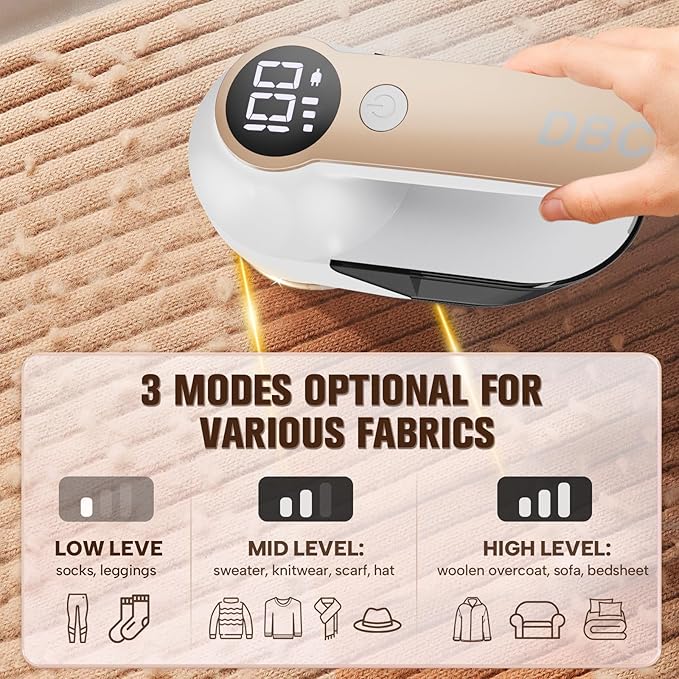 DBC Fabric Shaver with 15000r/Min Powerful Motor, LED Display, 3-Speeds, 6-Leaf Blades, Large Shaving Head Lint Remover for Clothes, Lint Ball, Furniture, Fuzz - Gold & White