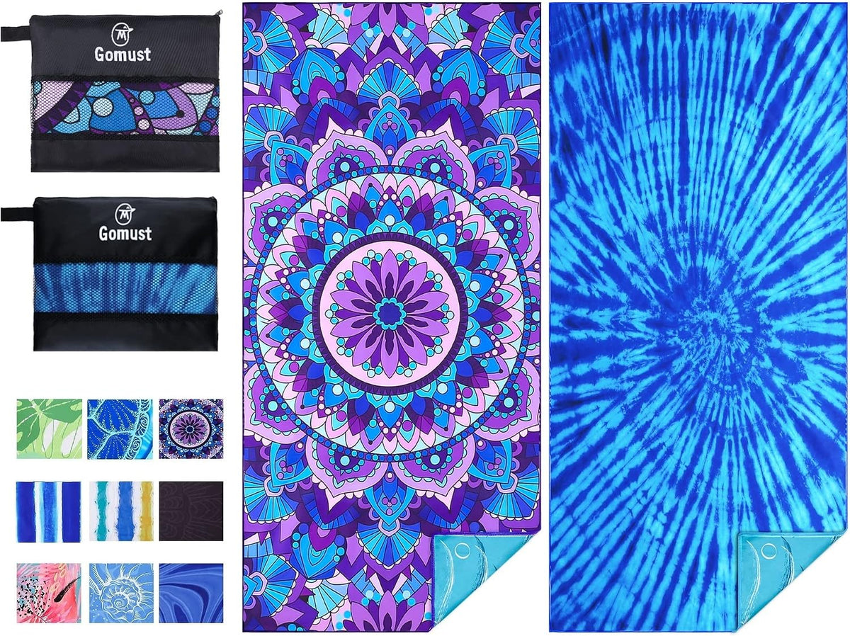 Microfiber Beach Towel Oversized 71x32, Thin, Blue with Bag 2 Pack