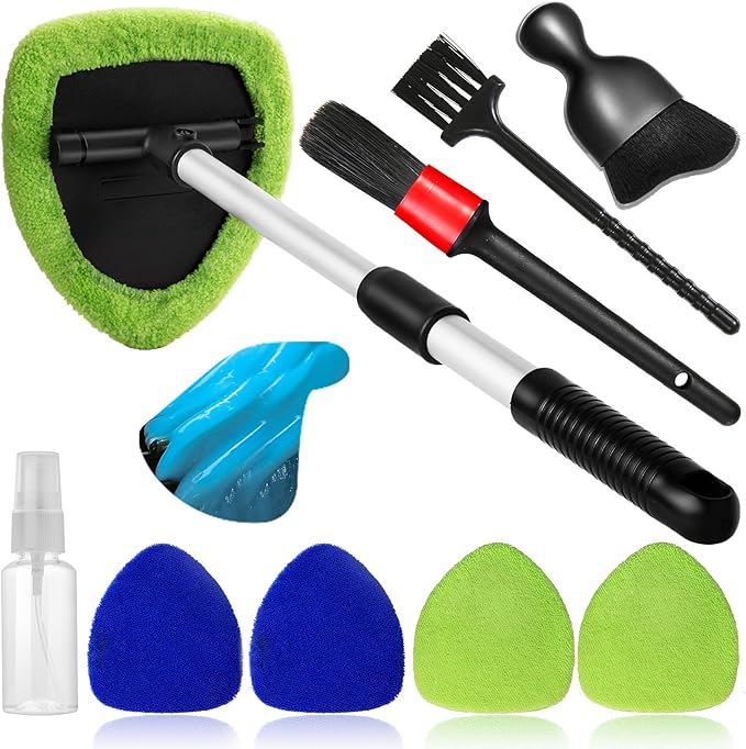 Qydipclin 10pcs Windshield Cleaner Tool, Car Window Cleaning Wash Kit with 4 Reusable Microfiber Pads 1 Spray Bottle and Extendable Handle Auto Glass Wiper Kit, Blue&Green
