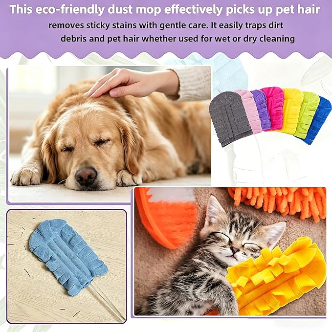 7-Piece Set of Reusable Dusting Brush Refills, Washable Microfiber Dusting Pads, Suitable for Home, Blinds, Cars, Pets, Furniture, Fans, etc. (Assorted Colors, Includes Handle)