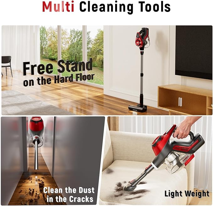 Cordless Vacuum Cleaner for Home, Stick Vacuum 45Kpa, Smart Display & 1.5L Dust Cup, MAX 40mins Runtime, Rechargeable Lightweight Handheld Vavuum for Pet Hair/Carpet/Hardwood Floor/Car (Crimson)