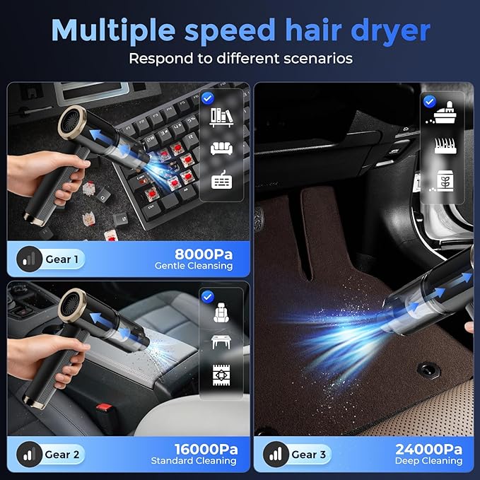 Handheld Cordless Vacuum Cleaner, Black, 24000Pa Suction, 3 Cleaning Modes, 7800mAh Battery, Vacuum/Blower/inflator Design, brushless Motor, USB-C Rechargeable