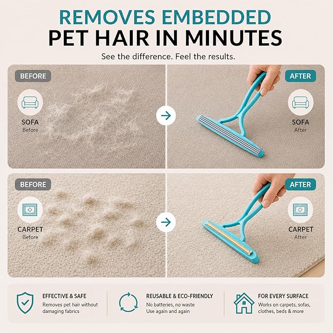 2 Pack Set Pet Hair Removal Tool – Dual-Head Copper & Plastic Scraper for Carpet, Furniture & Car, Reusable Lint Remover for Embedded Dog & Cat Hair