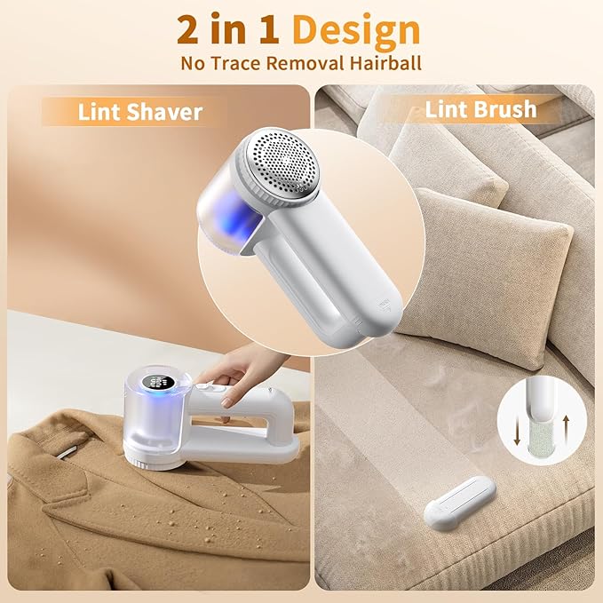 coldSky Fabric Shaver Rechargeable, 2-in-1 Electric Fabric Shaver & Lint Remover, 3-Speed LED Digital Display Sweater Defuzzer for Clothes, Furniture, Couch - Removes Lint, Hairball, Fuzz - White