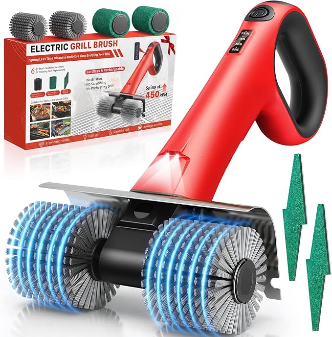 Electric Grill Brush for Outdoor Grill, Cordless BBQ Grill Cleaner with Dual Rotating Heads, 450 RPM Motorized Grill Cleaning Brush with Forward & Reverse, 6-Piece Replaceable Brush Set
