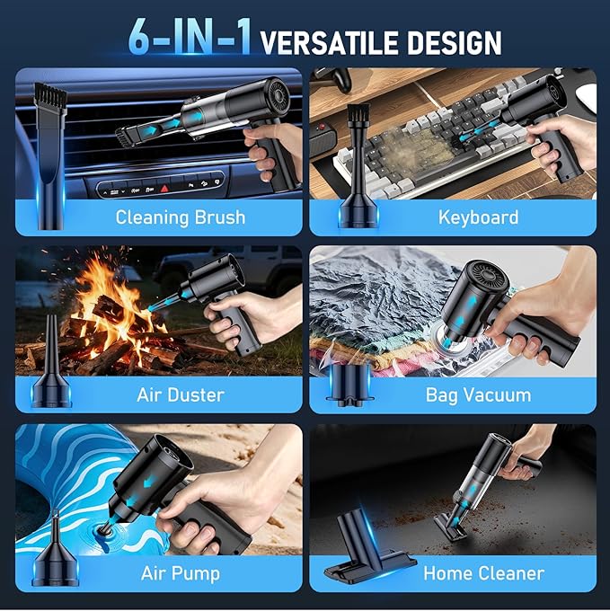 Car Vacuum Portable Cordless, 35000Pa High Power Brushless Motor Handheld Vacuum, 6-in-1 Rechargeable Mini Cleaner with Air Duster for Car, Home, Pet Hair, Keyboard, Graphite Grey