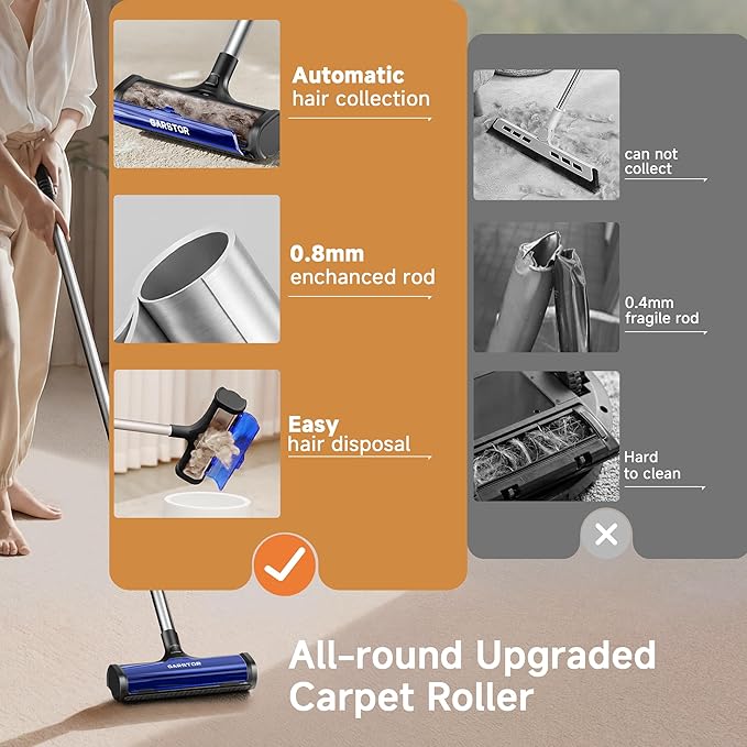 Carpet Hair Removal Tool, Long Handle Dog Hair Remover, Reusable Carpet Sweeper, Pet Fur Remover with Dust Container for Carpet, Rugs, Mats, Furniture, Upholstery