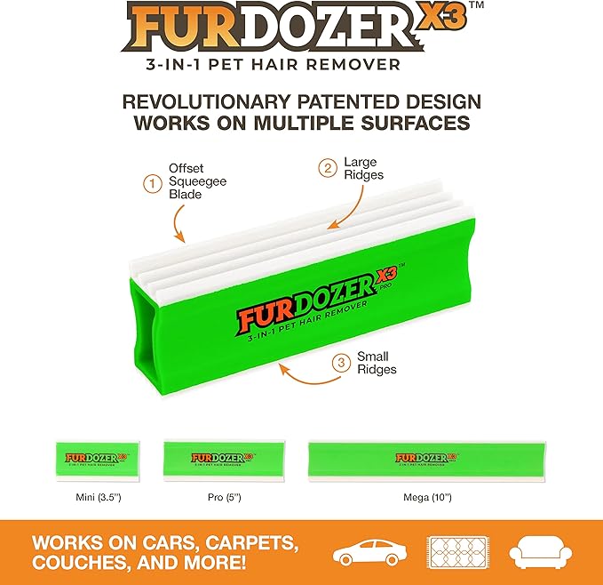 FurDozer Pet Hair Remover & Auto Detailing Tools - Cat & Dog Hair Remover for Carpets, Car Interiors, Couches, Bedding, & Pet Furniture (Green, (3 Pack) - X6, X3 PRO, X3 MINI)