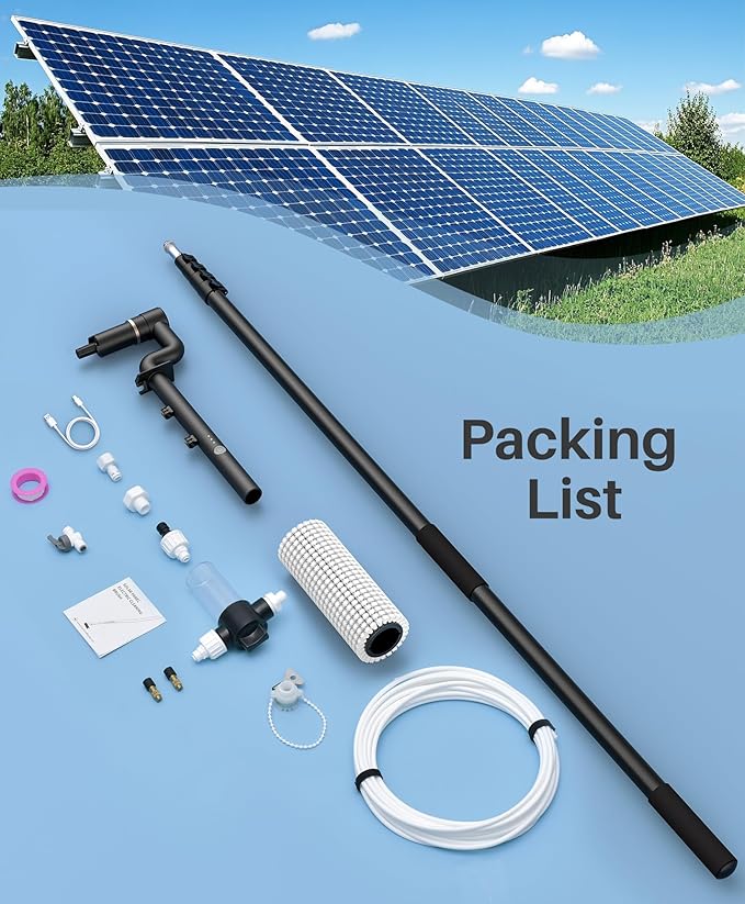 LyriFine Electric Solar Panel Cleaning Brush and Pole Kit, 20Ft Extendable Washing Kit with Water Fed Pole, 2 Speed & Soap Dispenser, Outdoor Window Cleaning Tool for Solar Panel, Window, Roof, RV