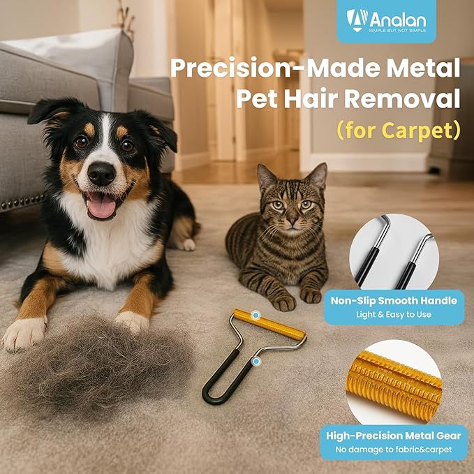 Analan 3-in-1 Pet Hair Remover & Grooming Set for Dogs & Cats – Self-Cleaning Brush for Shedding, Cat Brush, Metal Fur Remover for Couch Carpet & Car, and Rubber Tool for Clothes & Bedding