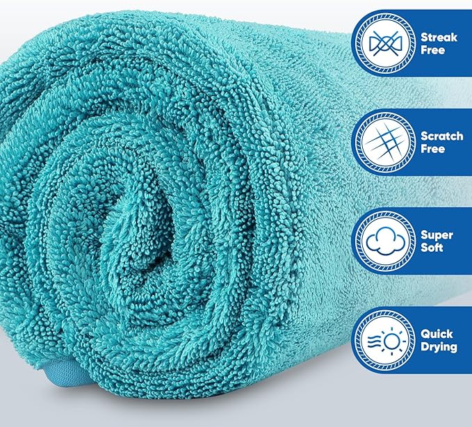HOMEXCEL Professional Car Drying Towel (36"x 24") with Twisted-Loop Technology, 1200GSM for a Streak-Free Finish – Microfiber Towels for Cars, Trucks, SUVs, RVs and Motorcycles, Lake Green