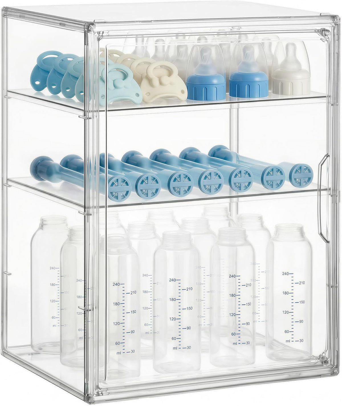Baby Bottle Storage Organizer for Countertop Cabinet, 3 Tiers Adjustable Clear Acrylic Bottles Storage Station Case Box Container with 2 Removable Dividers and Magnetic Door, Large