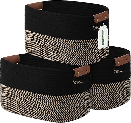 ECDYQXVU 15x10x9 Woven Cotton Rope Storage Basket, Leather Handles 3 Pack