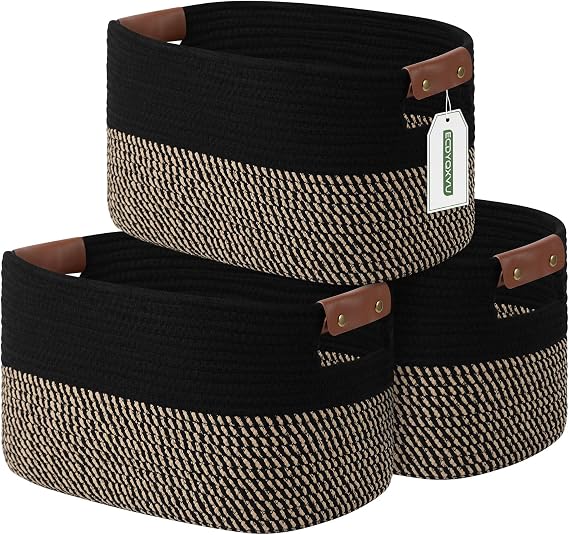ECDYQXVU 15x10x9 Woven Cotton Rope Storage Basket, Leather Handles 3 Pack