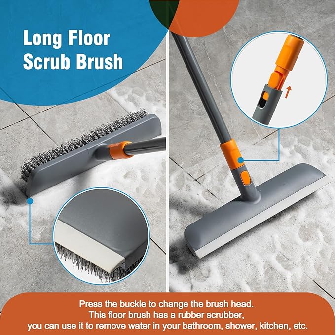 CLEANHOME Floor Scrub Brush Tile Tub Scrubber Brush with 4 Different Cleaning Heads, Shower Brush with 56” Extendable Long Handle, Scrubbers for Cleaning Kitchen, Bathroom, Tub, Tile, Wall