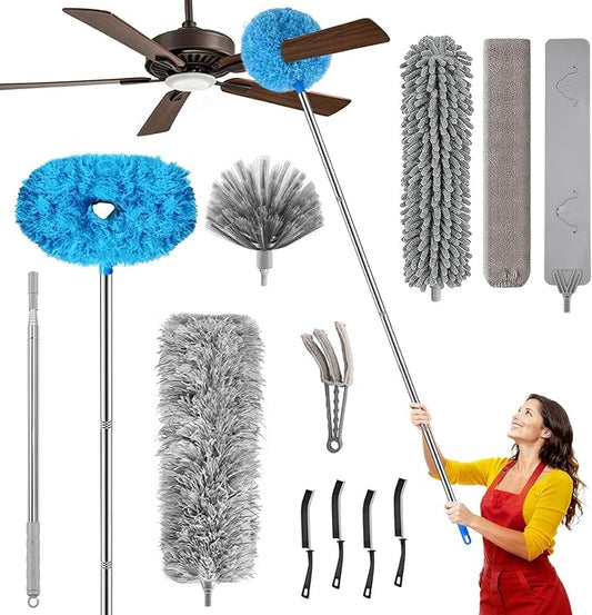 12-Piece Microfiber Feather Duster with Extension Pole (16.1" to 100), Ceiling Fan Duster for Ceiling Fan, Flat Duster for Under Appliances, Chenille & Cobweb Duster for Cobweb, Wall, Furniture