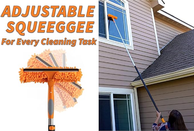 Window Squeegee and Microfiber Scrubber 2-in-1 Combo // Multi-Angle Window Cleaning Tool // Window Washing Equipment for Solar Panel and RV Windshield // Threaded Window Cleaner (pole sold separately)