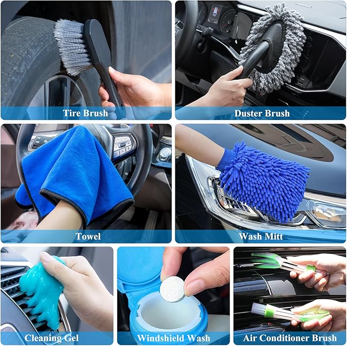 32Pcs Car Detailing Brush Set, Car Detailing Kit, Auto Detailing Drill Brush Set, Car Detailing Brushes, Car Wash Cleaning Tools Kit with Wash Mop for Interior, Exterior, Wheels, Blue