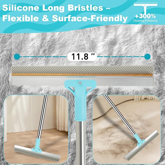 Vivifying Carpet Rake Pet Hair Remover Set, 56” Adjustable Long Handle Plus 2 Handheld Tools, Deep Cleans Pet Hair from Carpets, Rugs, Mats & Upholstery