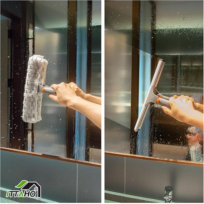 Squeegee for Window Cleaning,12" Squeegee and 11" Microfiber Scrubber Combi with Stainless Steel Pole,Extendable Window Cleaner for Car,Sliding Door,Shower Glass Door-Swivel Style-2 Pads