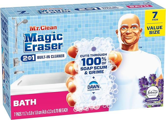 Mr. Clean Magic Eraser Sponge, Bathroom, Shower & Tub Cleaner, Soap Scum Remover, Bathroom Cleaning Supplies, Dawn Cleaning Power with Febreze Lavender Scent, 2 in 1 Bath, 7ct (Pack of 4)