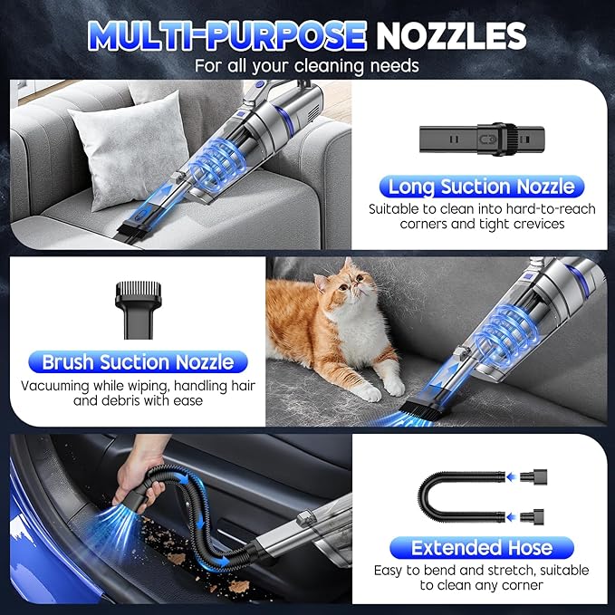 Gxzsk Handheld Vacuum Cordless, 16000PA Strong Suction Hand Held Car Vacuum Cleaner, Portable Hand Vacuum Rechargeable with Multi-Nozzles & LED Light for Home, Car, Office, Pets