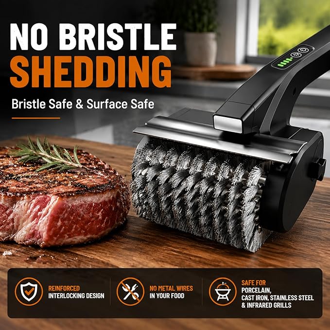 Electric Grill Brush, High Torque BBQ Bristle-Free Cleaner – Rechargeable Cordless with LED Light, Splash Guard & Scraper, Heavy Duty Grill Cleaning Tool for Outdoor Grill, Gift for Men Dad