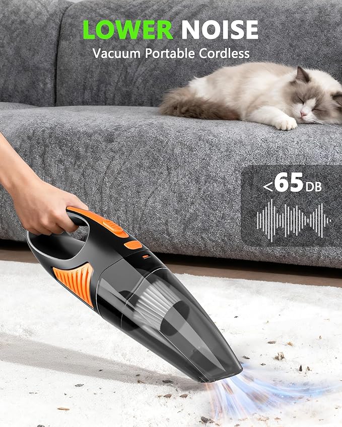 Handheld Vacuum Cordless, Rechargeable Car Vacuum Cleaner with Multiple Attachments, Portable Hand Held Vacuum Suction Power, Mini Vacuum for Car, Home, Pet Hair, Office, Desk, Keyboards Black Orange