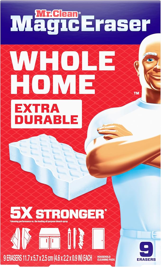 Mr. Clean Magic Eraser Sponge, All Purpose Cleaner, Cleaning Scrubber, Wall, Sneaker, Kitchen, Bathroom, Shower Cleaner, Cleaning Supplies, Melamine Sponge, Cleaning Pads, Extra Durable, 9ct