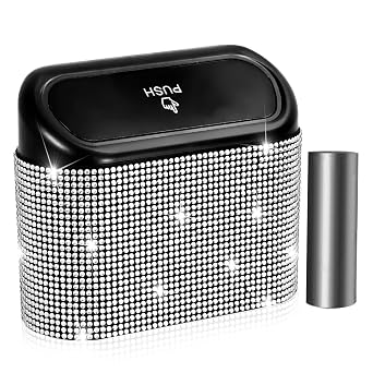 NBTEPEM Bling Car Trash Can with Lid, Mini Auto Garbage Can with 30 Trash Bags, Leakproof Automotive Garbage Container B