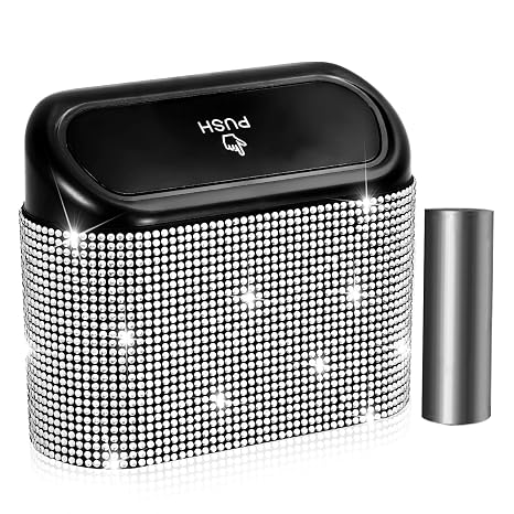 NBTEPEM Bling Car Trash Can with Lid, Mini Auto Garbage Can with 30 Trash Bags, Leakproof Automotive Garbage Container B