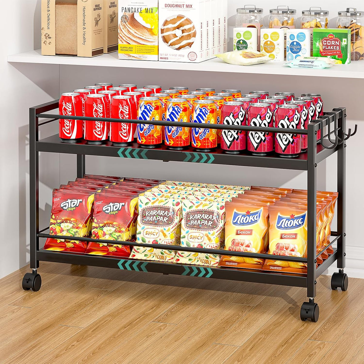 2-Tier Expandable Rolling Pantry Cart with Wheels, Adjustable Floor Organizer for Kitchen Pantry, Can Organizer for Pantry, Storage Cart for Snack, Food, Vegetables, Black, Patent Pending