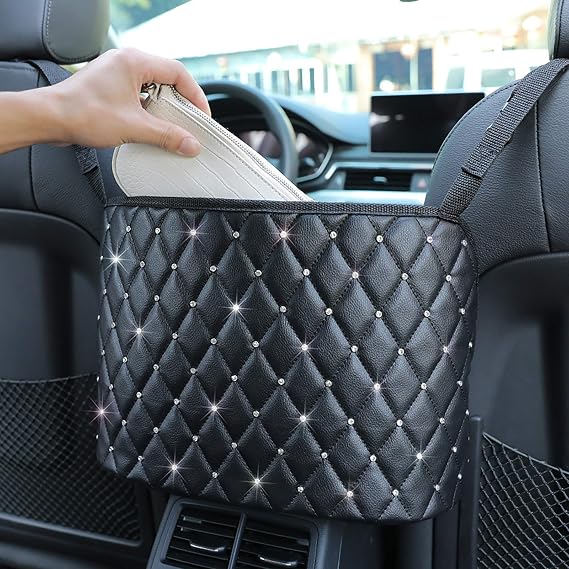 Car Net Pocket Handbag Holder with Diamond Bling Driver Netting Pouch, Handbag Holder Front Seat, Barrier of Backseat Pe