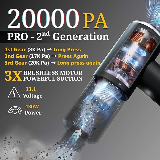 Cordless Handheld Car Vacuum Cleaner Powerful 20000Pa Triple Gear Mini Hoover Air Blower Duster Inflator Deflator Brushless Motor 7800mAh Portable Lightweight Home Office Kitchen