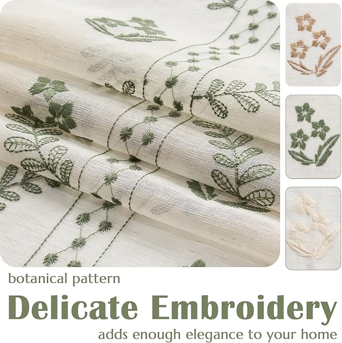 jinchan Belrose Sheer French Door Curtain Embroidered Farmhouse Linen Curtain for Patio Light Filtering Door Window Closet 72 Inches 1 Panel Green on Beige