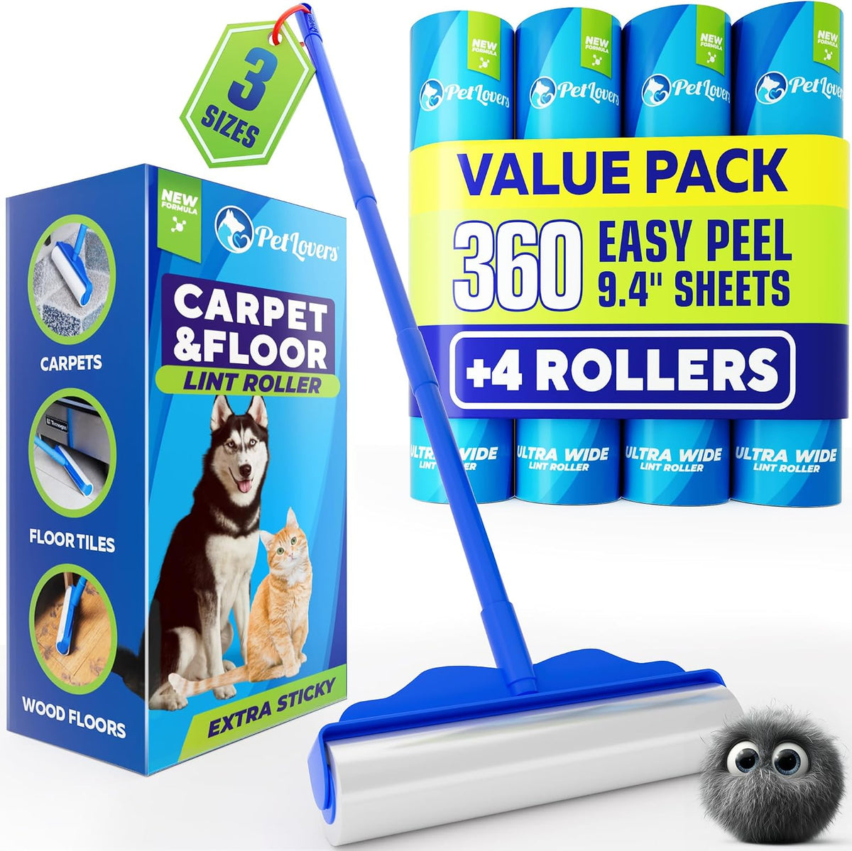 Large Lint Roller with 3 Refills – 360 Total Sheets for Tackling Pet Hair, Extra Large Floor and Carpet Roller for Homes with Pets, Perfect for Floors, Furniture, and Loving Pet Owners
