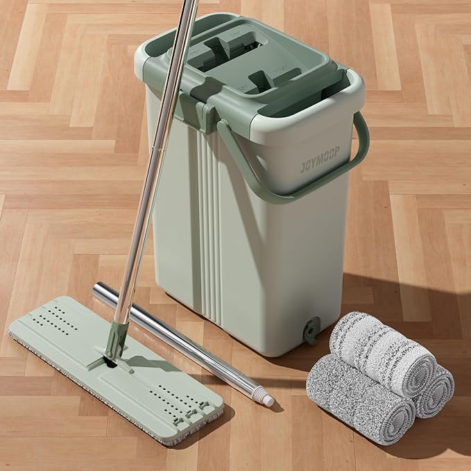 JOYMOOP Flat Mop System, Microfiber Mop and Bucket Set, Green, Commercial & Household Floor Cleaning Mop with Long Handle, Includes 3 Reusable 15" Pads