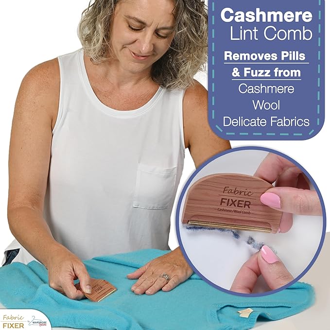 Cashmere Pill Remover Comb & Multi Fabric Shaver Depilling Sweater Fuzz Comb Set (Cedar & Beech Wood) Wool Pilling Remover for Delicate Clothing Fabrics, Furniture, Pillows, Sheets by Fabric Fixer