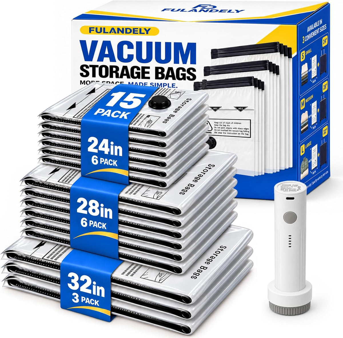 Vacuum Storage Bags, 15 Pack with Pump for Clothing and Travel