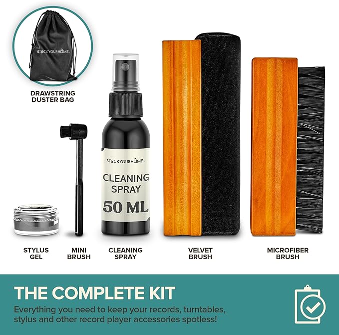 Stock Your Home Vinyl Record Cleaning Kit – 6-Piece Set with Vinyl Cleaner Spray, Anti-Static Velvet Brush, Needle Cleaning Gel & Brush, Drawstring Duster Bag