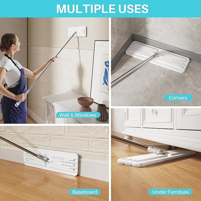 JOYMOOP Flat Mop System, 8L Mop and Bucket Set with Extension Handle, White, Large Capacity Floor Cleaning Mop for Household & Commercial Use, Includes 5 Microfiber Pads for Wet & Dry Cleaning