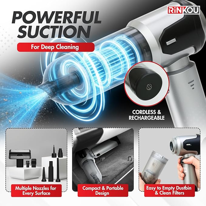 Car Vacuum Portable Cordless Handheld Cleaner, Mini Vacuum with 8 Attachments, Blower, Spray Lubricant & Microfiber Towels for Truck & Interior Cleaning
