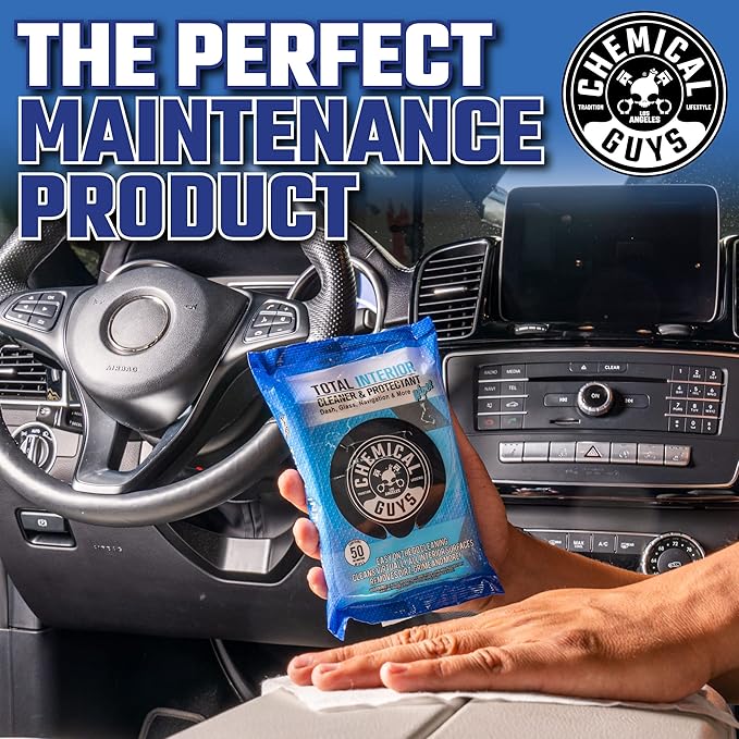 Chemical Guys Total Interior Cleaner & Protectant Wipes – 50 Pack Multi Surface Car Interior Cleaning Wipes for Dashboards, Doors and Seats – Safe for Trucks, SUVs, RVs and Home Use