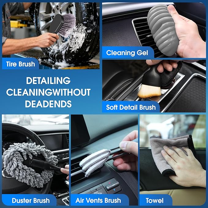 26pcs Car Cleaning Kit, Gray Interior Detailing Kit with High Power Vacuum Portable Cordless, Handheld Vacuum Cleaner for Home, Car, Pet Hair, Keyboard, Complete Auto Accessories for Gift