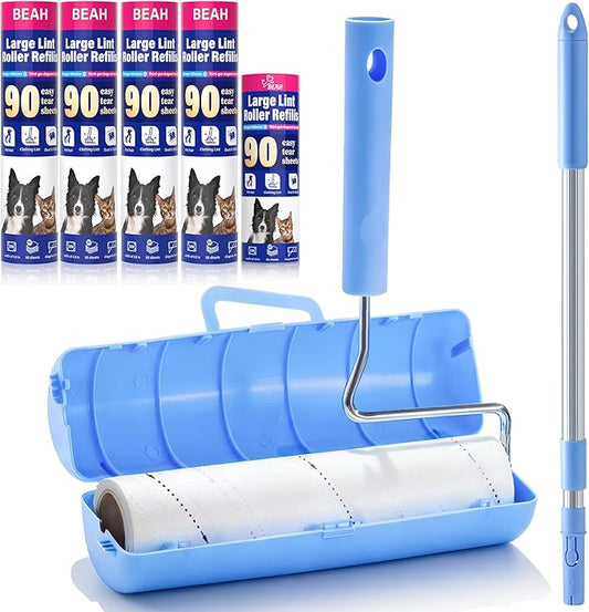 Large Lint Roller for Pet Hair Extra Sticky,10 Years Lifespan,9.45''/6.3" Pet Hair Removal Tool Roller for Dog Cat Hair,450 Sheets/5 Refills,Detachable Telescoping Extension Large Lint Roller