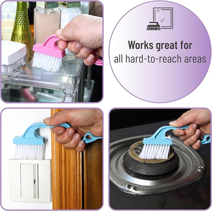 Slick- Window Track Cleaning Brush, 2 Pack, Blue/Pink Ergonomic Handle, Built-in Scraper, Multipurpose, Window Track Cleaning Tools