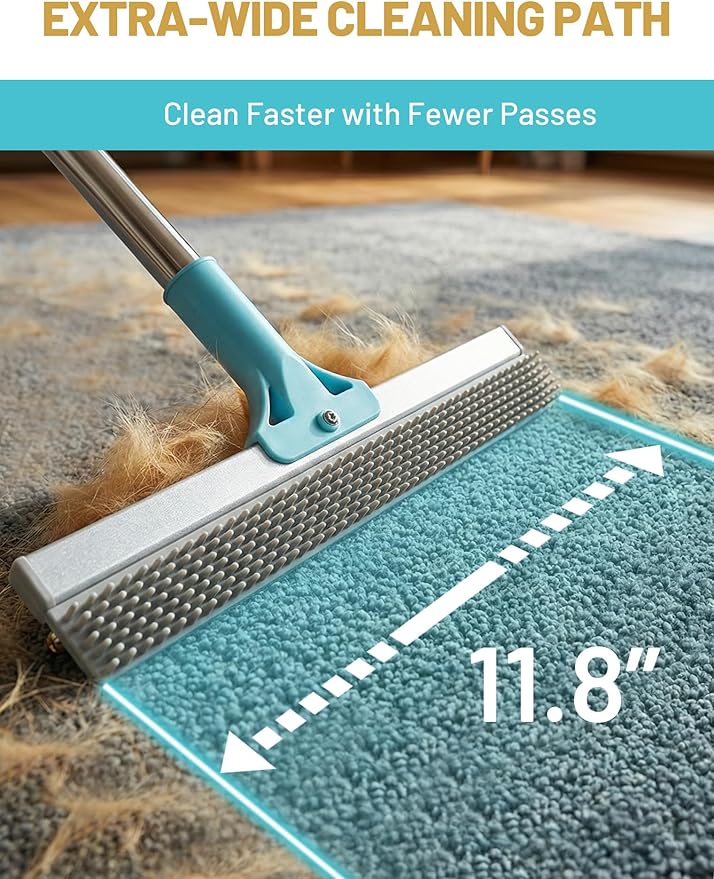 Carpet Rake for Pet Hair Removal: DELOMO Carpet Scraper Broom with 54” Adjustable Long Handle, Dual-Sided, Metal + Short Silicone for Carpets & Rugs, Extended Silicone for Shag Rugs & Hard Floors